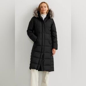 Eddie Bauer black full length down puffer coat  with faux fur trim hood size XL